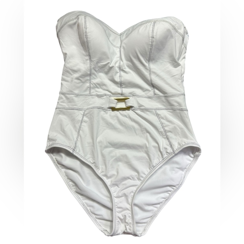 BLEU ROD BEATTIE white Belted one piece strapless Bandeau Swimsuit size 12 NWT